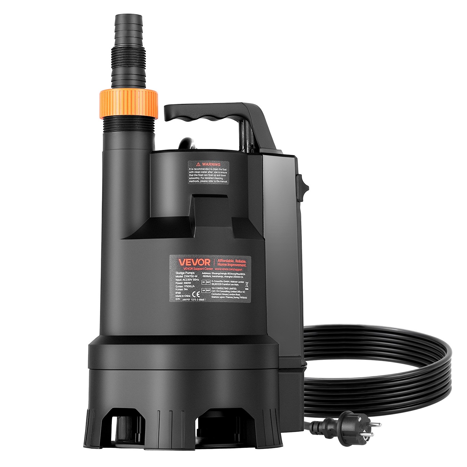 VEVOR 690W Submersible Sump Pump, 17500 L/H, PP-GF20 Submersible Sewage Dirty Clean Water Pump with Automatic Float Switch, Long Cord, 9M Max Lift, for Pools, Garden, Pond, Flooded Areas
