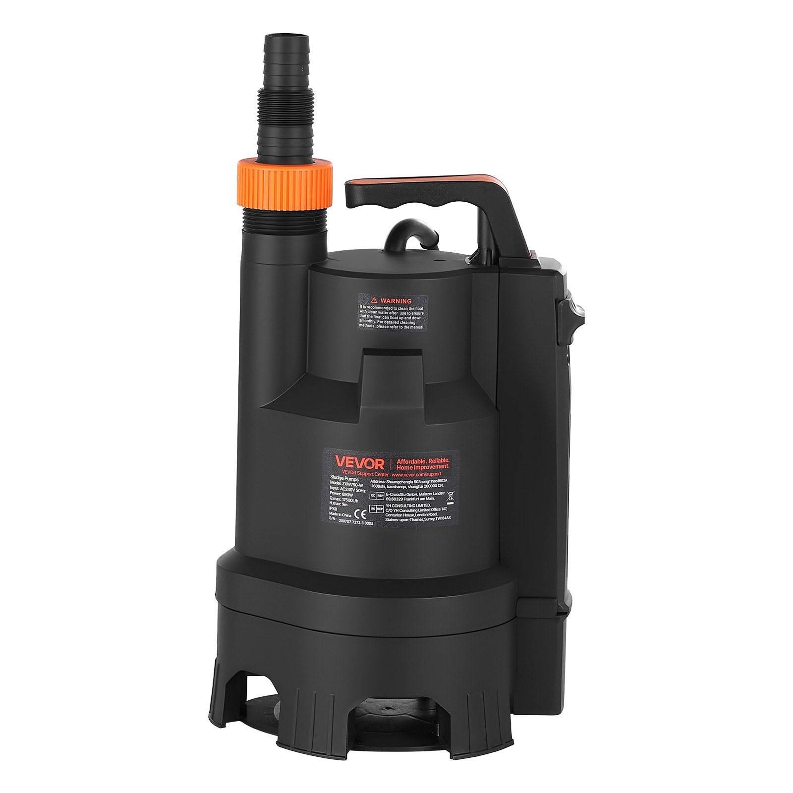 VEVOR 690W Submersible Sump Pump, 17500 L/H, PP-GF20 Submersible Sewage Dirty Clean Water Pump with Automatic Float Switch, Long Cord, 9M Max Lift, for Pools, Garden, Pond, Flooded Areas