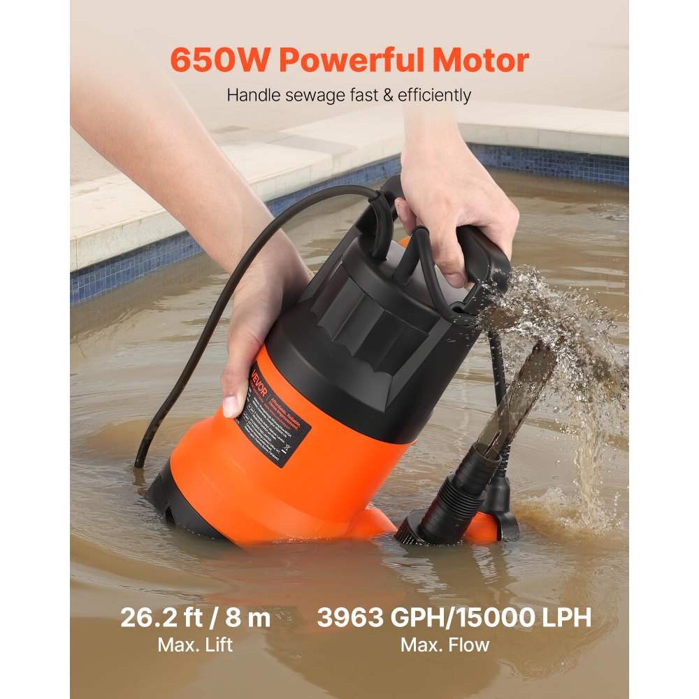 Ponorné kalové čerpadlo VEVOR 650W, 15000 l/h, PP-GF20, ponorné čerpadlo na znečištěnou a čistou vodu s automatickým plovákovým spínačem, dlouhý kabel, maximální výtlak 8 m, pro bazény, zahradu, jezírko a zaplavené oblasti