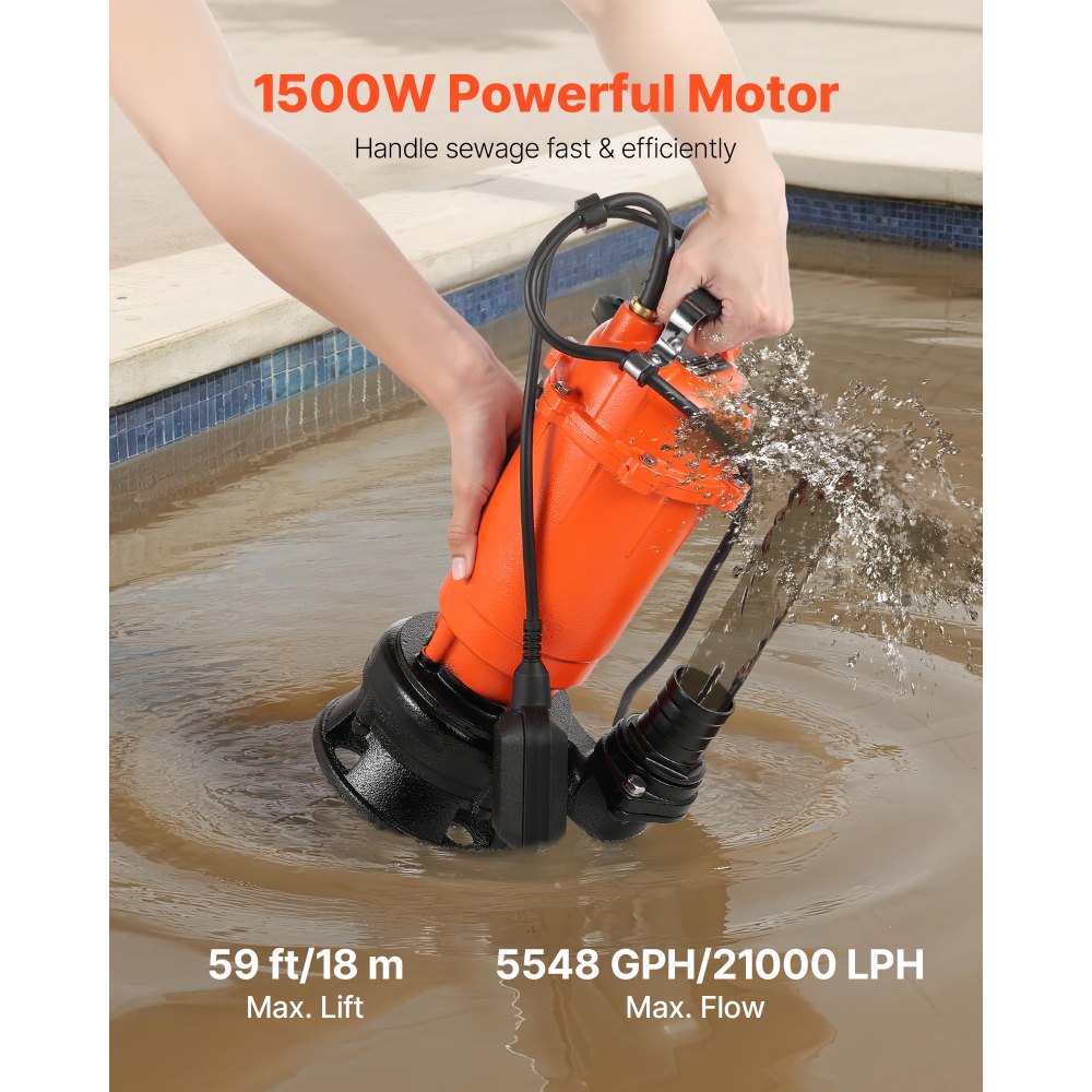 VEVOR 1500W Submersible Trash Pump, 21000 L/H, Cast Iron Submersible Sump Sewage Pump with Automatic Float Switch, 18M Max Lift, Draining Dirty Clean Water, for Pools, Garden, Pond, Flooded Areas