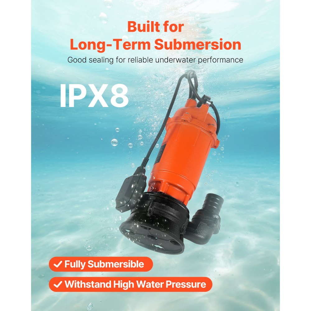 VEVOR 1500W Submersible Trash Pump, 21000 L/H, Cast Iron Submersible Sump Sewage Pump with Automatic Float Switch, 18M Max Lift, Draining Dirty Clean Water, for Pools, Garden, Pond, Flooded Areas
