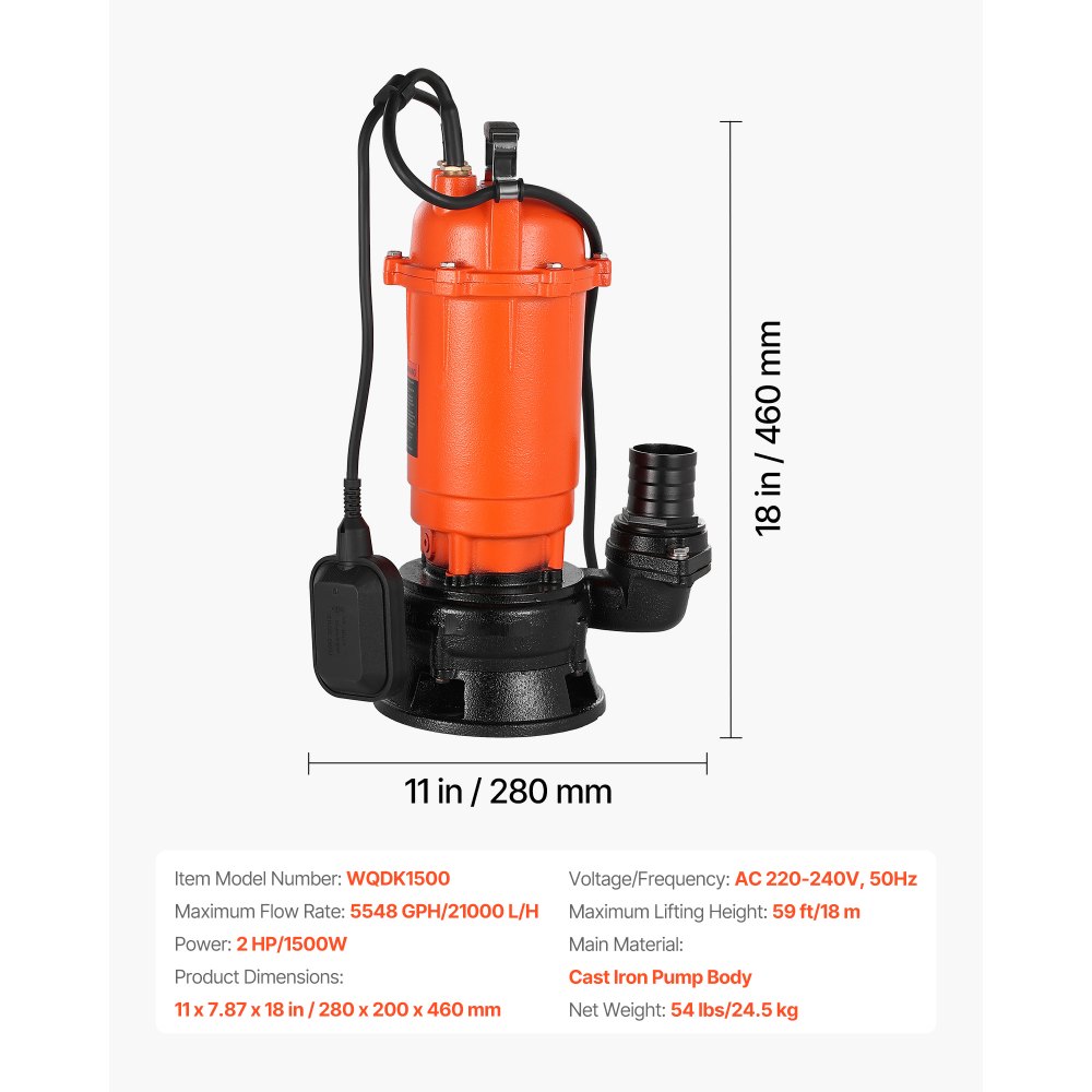 VEVOR 1500W Submersible Trash Pump, 21000 L/H, Cast Iron Submersible Sump Sewage Pump with Automatic Float Switch, 18M Max Lift, Draining Dirty Clean Water, for Pools, Garden, Pond, Flooded Areas