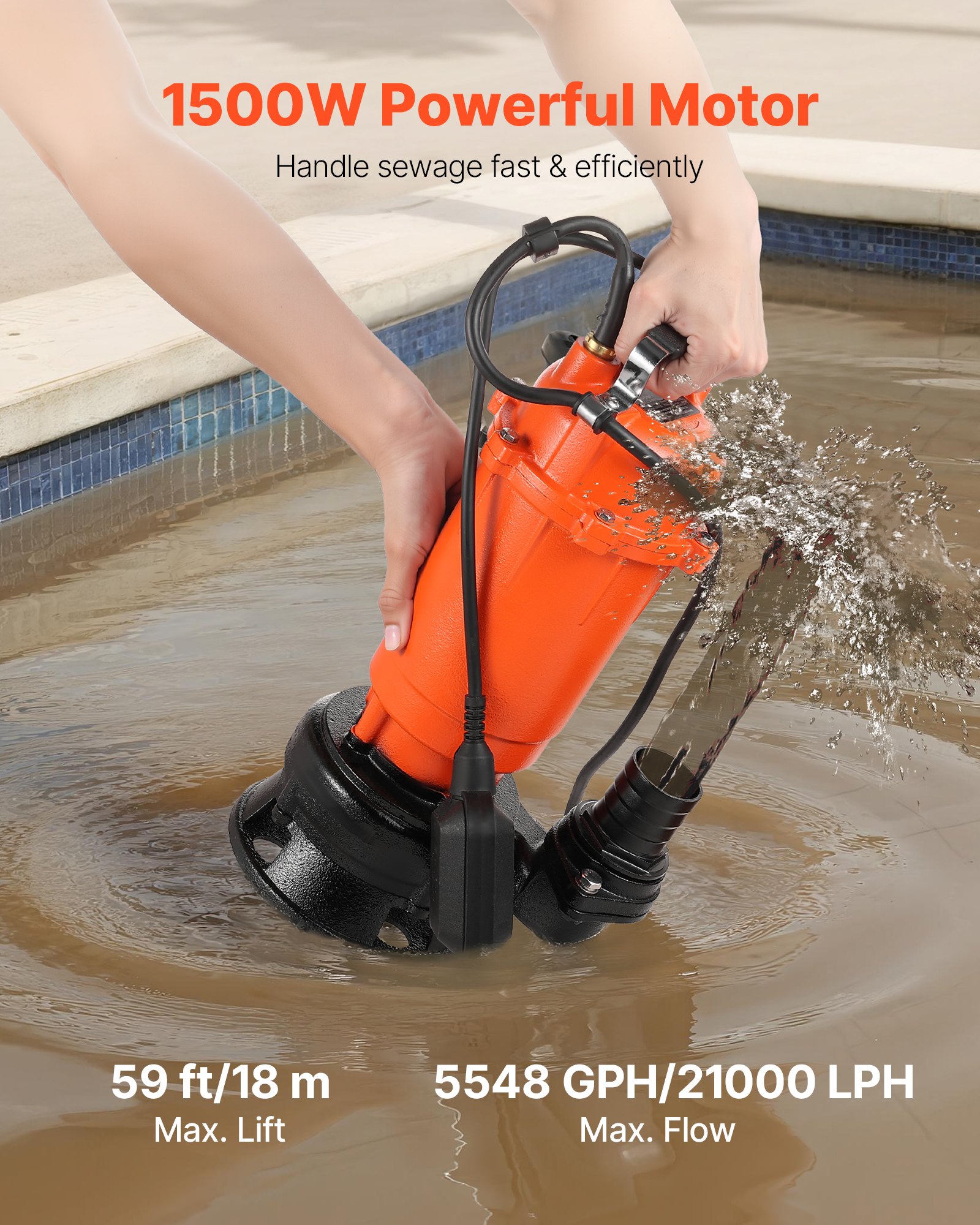VEVOR 1500W Submersible Trash Pump, 21000 L/H, Cast Iron Submersible Sump Sewage Pump with Automatic Float Switch, 18M Max Lift, Draining Dirty Clean Water, for Pools, Garden, Pond, Flooded Areas