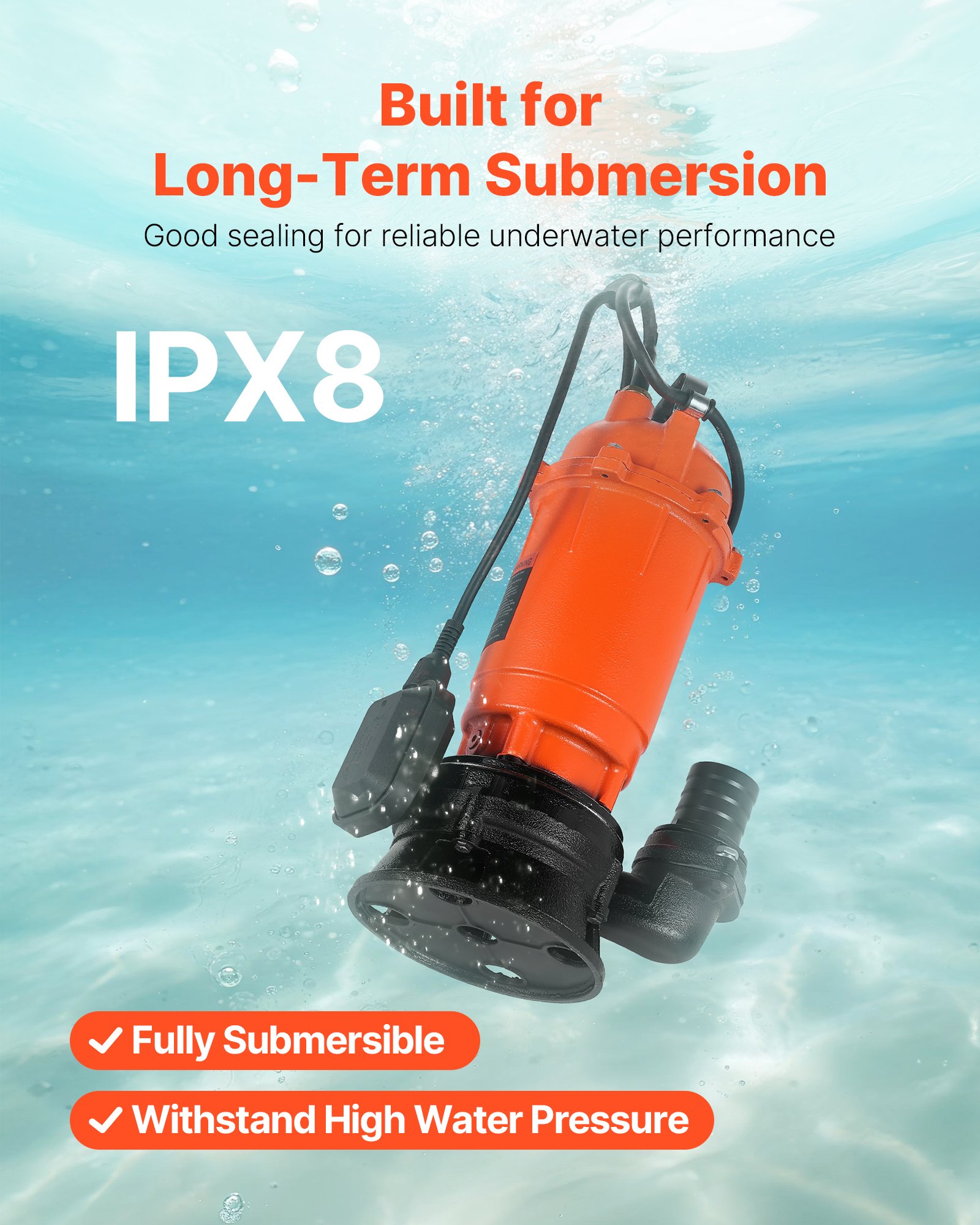 VEVOR 1500W Submersible Trash Pump, 21000 L/H, Cast Iron Submersible Sump Sewage Pump with Automatic Float Switch, 18M Max Lift, Draining Dirty Clean Water, for Pools, Garden, Pond, Flooded Areas