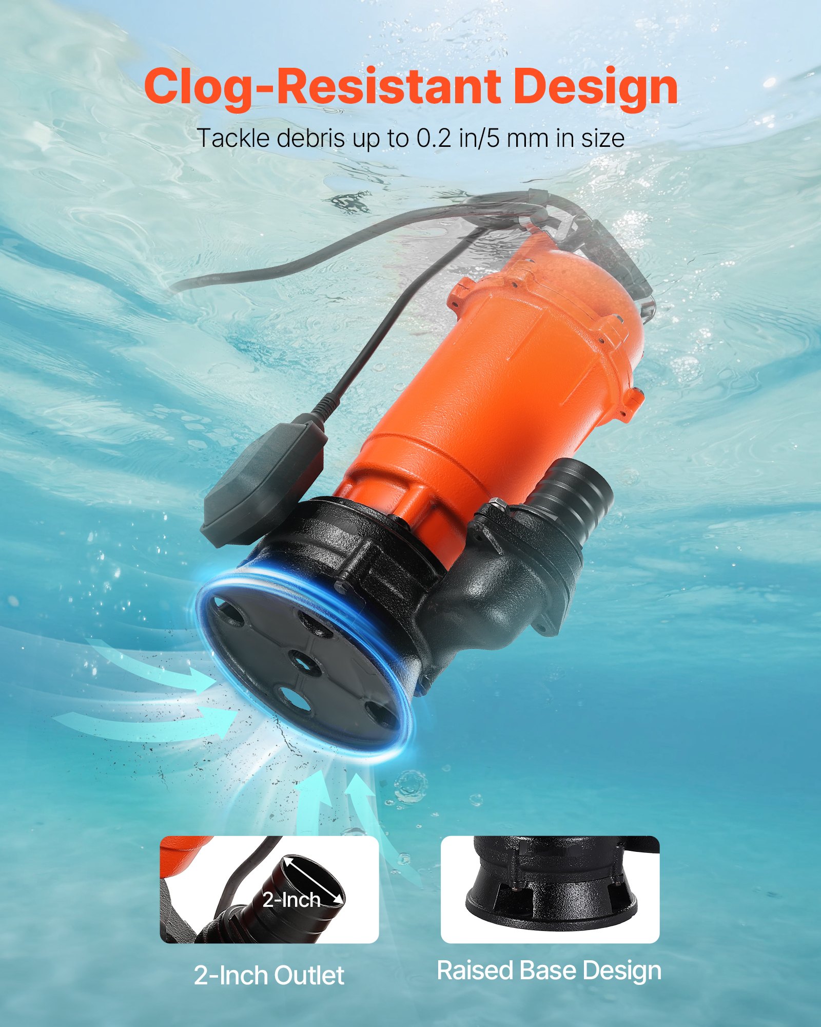 VEVOR 1500W Submersible Trash Pump, 21000 L/H, Cast Iron Submersible Sump Sewage Pump with Automatic Float Switch, 18M Max Lift, Draining Dirty Clean Water, for Pools, Garden, Pond, Flooded Areas