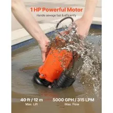 VEVOR 1 HP Submersible Trash Pump Sump Sewage Pump 5000 GPH 40 ft Lift Cast Iron