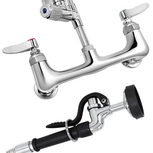 New Upgrade Brushed Nickel Commercial Kitchen Faucet – 21" Wall Mount With 10" Swing Spout, Pre-Rinse Sprayer, 8" Center, For 1/2 Compartment Sinks