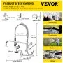 VEVOR commercial faucet with dimensions and various application examples: restaurant, farmhouse, outdoor, kitchen.