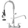 VEVOR commercial faucet with pull-down sprayer, dual handles, and wall-mount design.