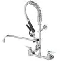 VEVOR commercial faucet with flexible spring hose and dual lever handles for hot and cold water control.