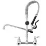 VEVOR commercial faucet with spring coil, dual handles, and pull-down sprayer in stainless steel.