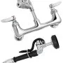 VEVOR commercial faucet with dual handles and a flexible spray nozzle in polished chrome finish.