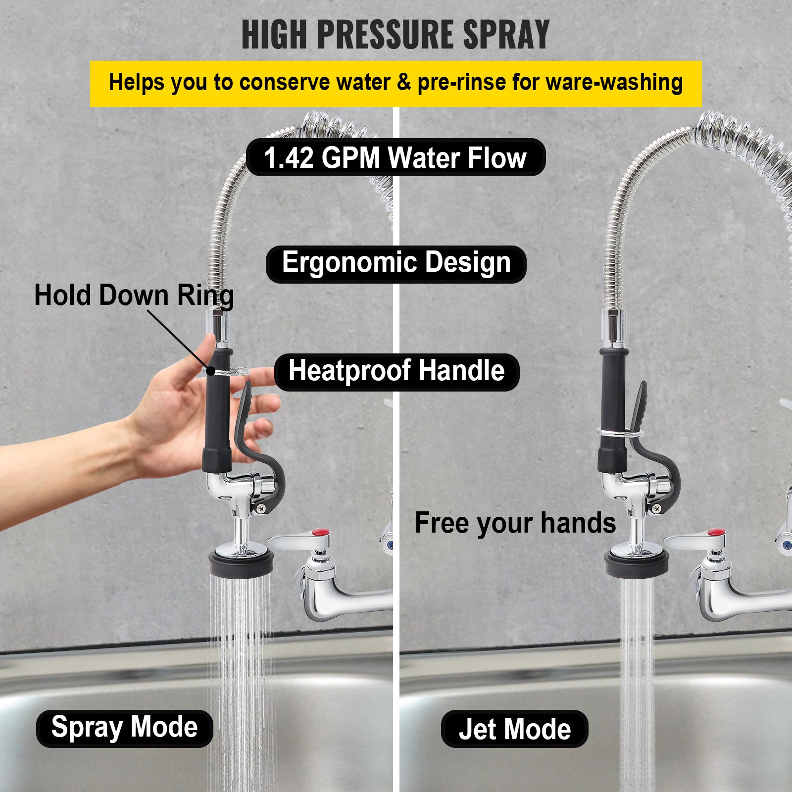 VEVOR commercial faucet with high-pressure spray, ergonomic design, heatproof handle, and dual modes.