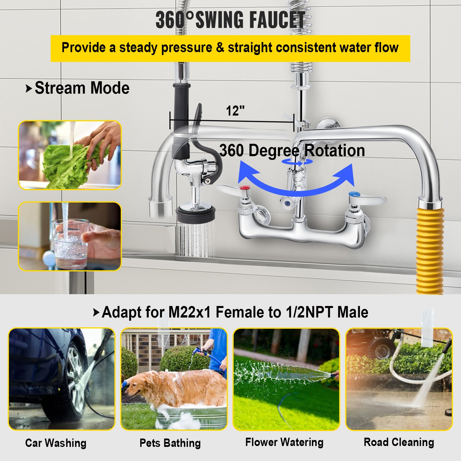 VEVOR commercial faucet with 360-degree rotation, stream mode, and adaptable fittings for versatile use.