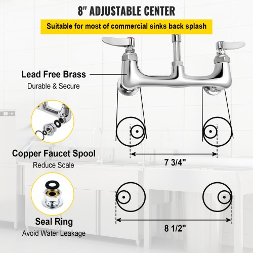 VEVOR Commercial Faucet with Sprayer, 8" Adjustable Center Wall Mount Kitchen Faucet with 12" Swivel Spout, 24" Height Compartment Sink Faucet for Industrial Restaurant, Lead-free Brass