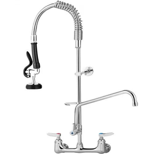 VEVOR Commercial Faucet with Sprayer, 8" Adjustable Center Wall Mount Kitchen Faucet with 12" Swivel Spout, 24" Height Compartment Sink Faucet for Industrial Restaurant, Lead-free Brass