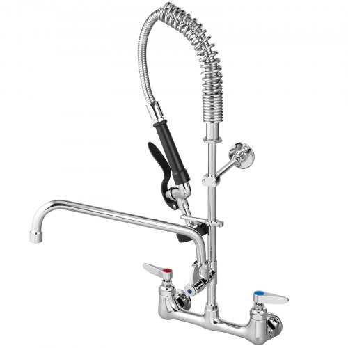 VEVOR Commercial Faucet with Sprayer, 8" Adjustable Center Wall Mount Kitchen Faucet with 12" Swivel Spout, 24" Height Compartment Sink Faucet for Industrial Restaurant, Lead-free Brass