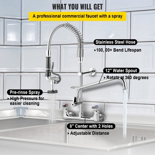 VEVOR Commercial Faucet with Sprayer, 8" Adjustable Center Wall Mount Kitchen Faucet with 12" Swivel Spout, 36" Height Compartment Sink Faucet for Industrial Restaurant, Lead-free Brass