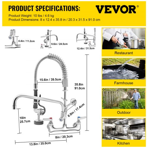 VEVOR Commercial Faucet with Sprayer, 8" Adjustable Center Wall Mount Kitchen Faucet with 12" Swivel Spout, 36" Height Compartment Sink Faucet for Industrial Restaurant, Lead-free Brass