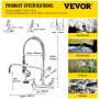 VEVOR commercial faucet dimensions and applications for restaurant, farmhouse, outdoor, and kitchen use.