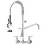 dual-handle VEVOR commercial faucet with coiled pre-rinse sprayer and chrome finish.