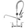 chrome-plated VEVOR commercial faucet with dual handles, flexible spring hose, and pre-rinse sprayer.