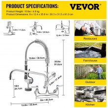 VEVOR Commercial Faucet Pre-Rinse with Sprayer, 8in Adjustable Center Wall Mount Kitchen Faucet with 12" Swivel Spout, 36" Height Compartment Sink Faucet for Industrial Restaurant, Lead-Free Brass