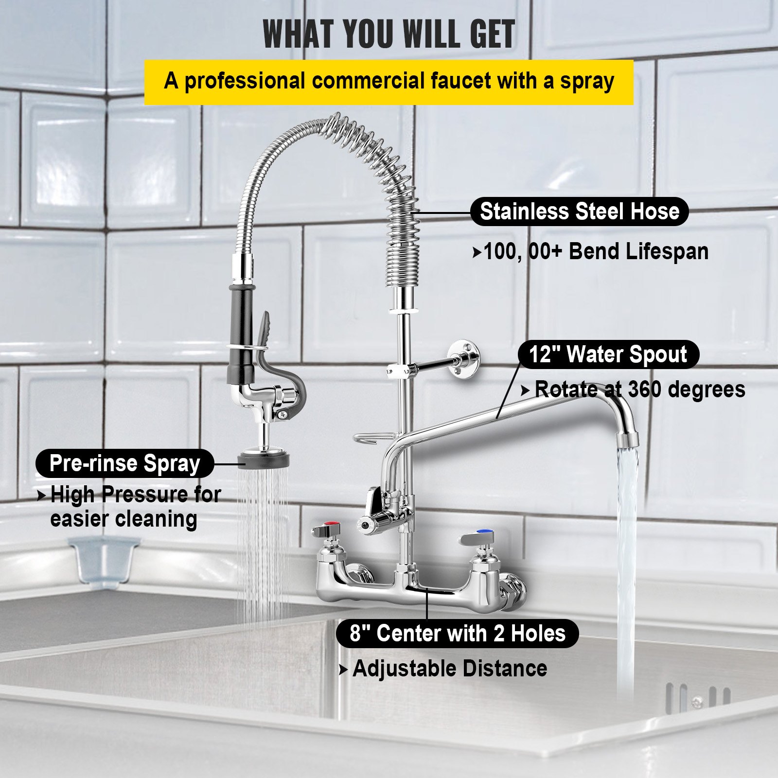 professional kitchen setup with VEVOR commercial faucet, pre-rinse spray, stainless steel hose, and 360° spout.