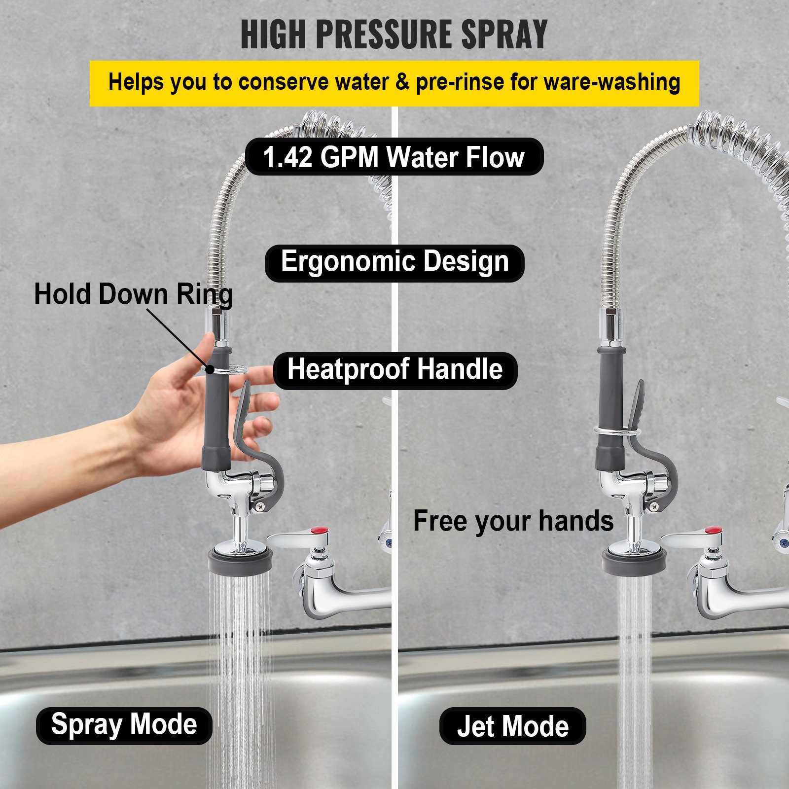 VEVOR commercial faucet with high pressure spray, ergonomic design, heatproof handle, and 1.42 gpm flow.