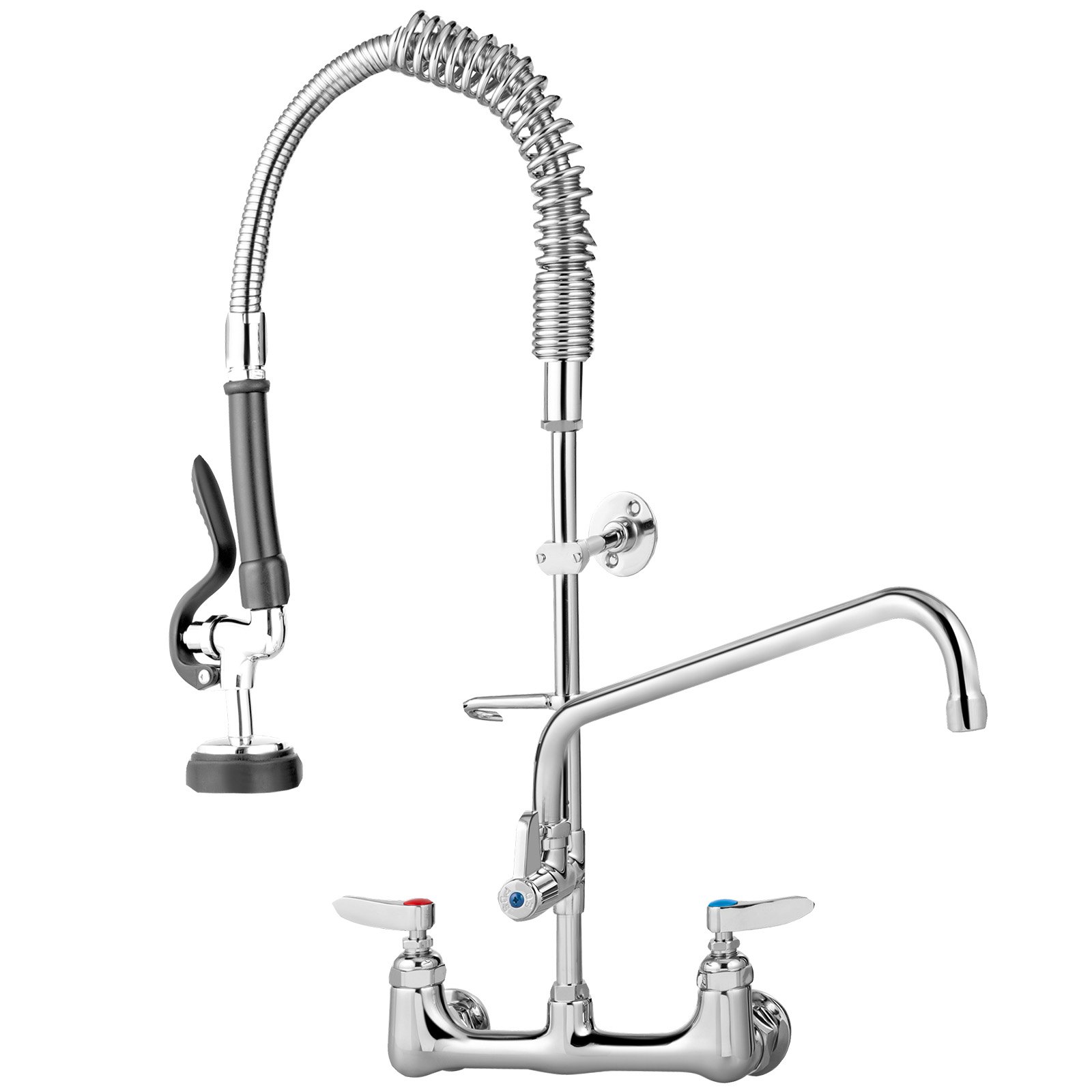 dual-handle VEVOR commercial faucet with coiled pre-rinse sprayer and chrome finish.