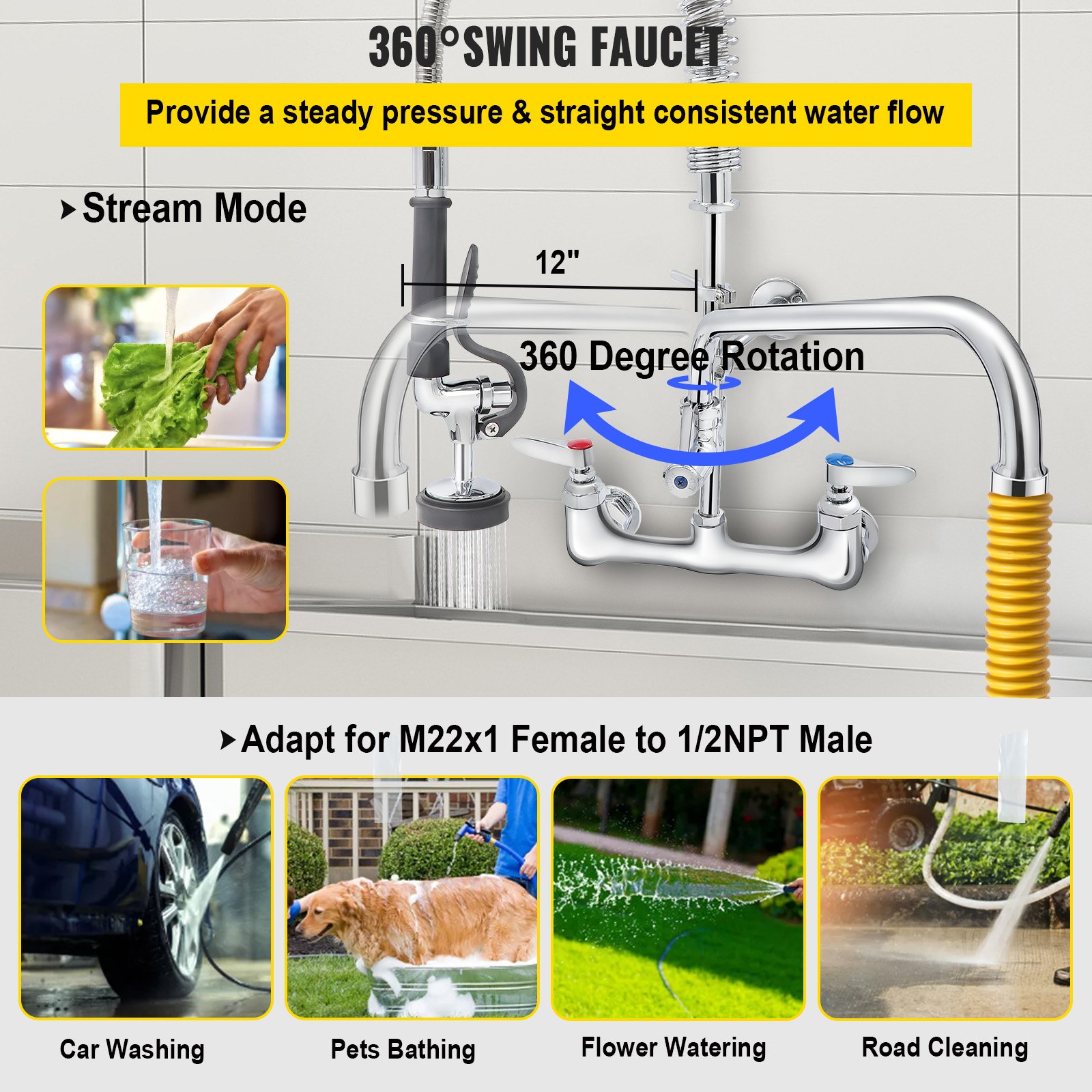 VEVOR Commercial Faucet Pre-Rinse with Sprayer, 8" Adjustable Center Wall Mount Kitchen Faucet with 12" Swivel Spout, 36" Height Compartment Sink Faucet for Industrial Restaurant, Lead-Free Brass