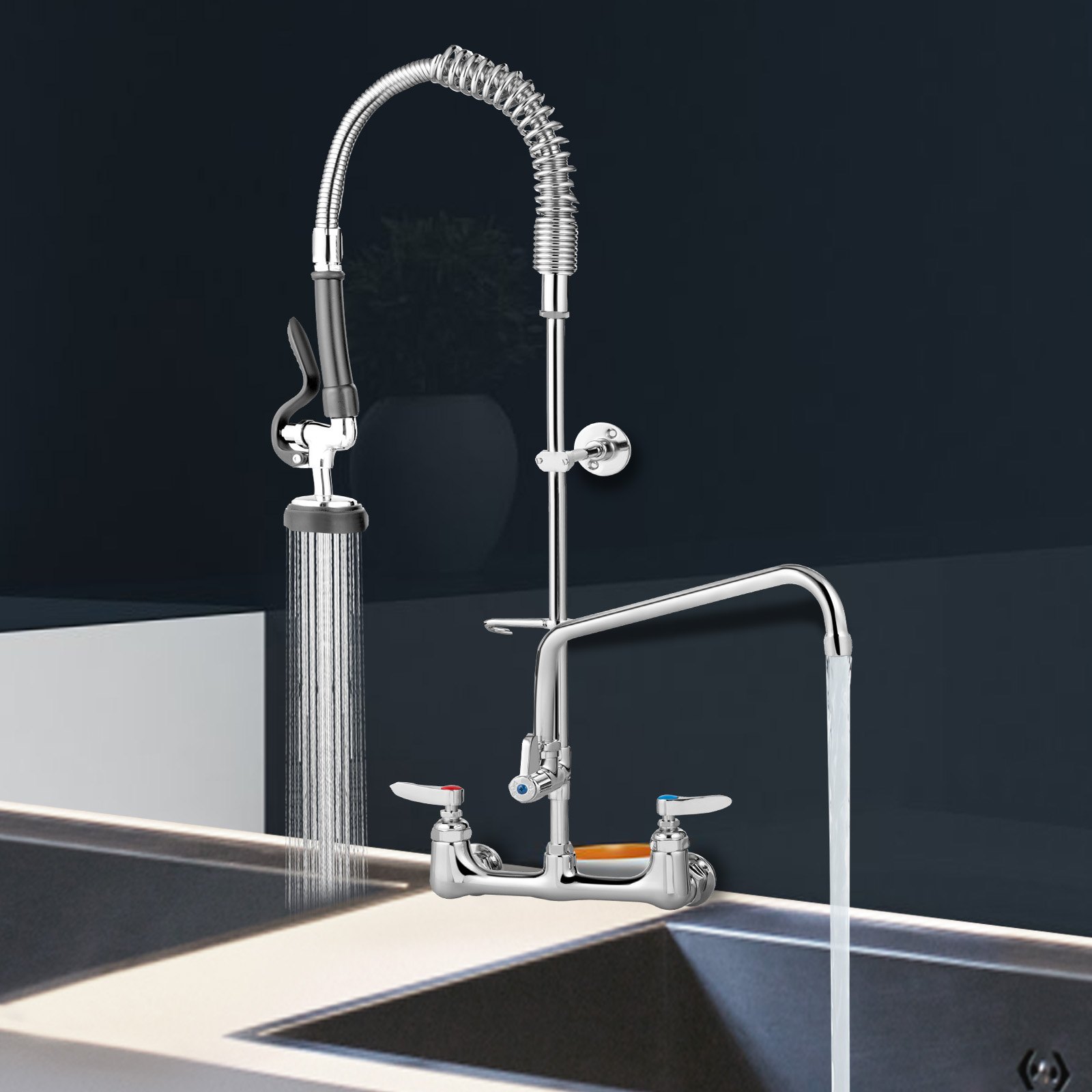 VEVOR Commercial Faucet with Pre-Rinse Sprayer, 8" Adjustable Center Wall Mount Kitchen Faucet with 12" Swivel Spout, 43" Height Compartment Sink Faucet for Industrial Restaurant, Lead-Free Brass