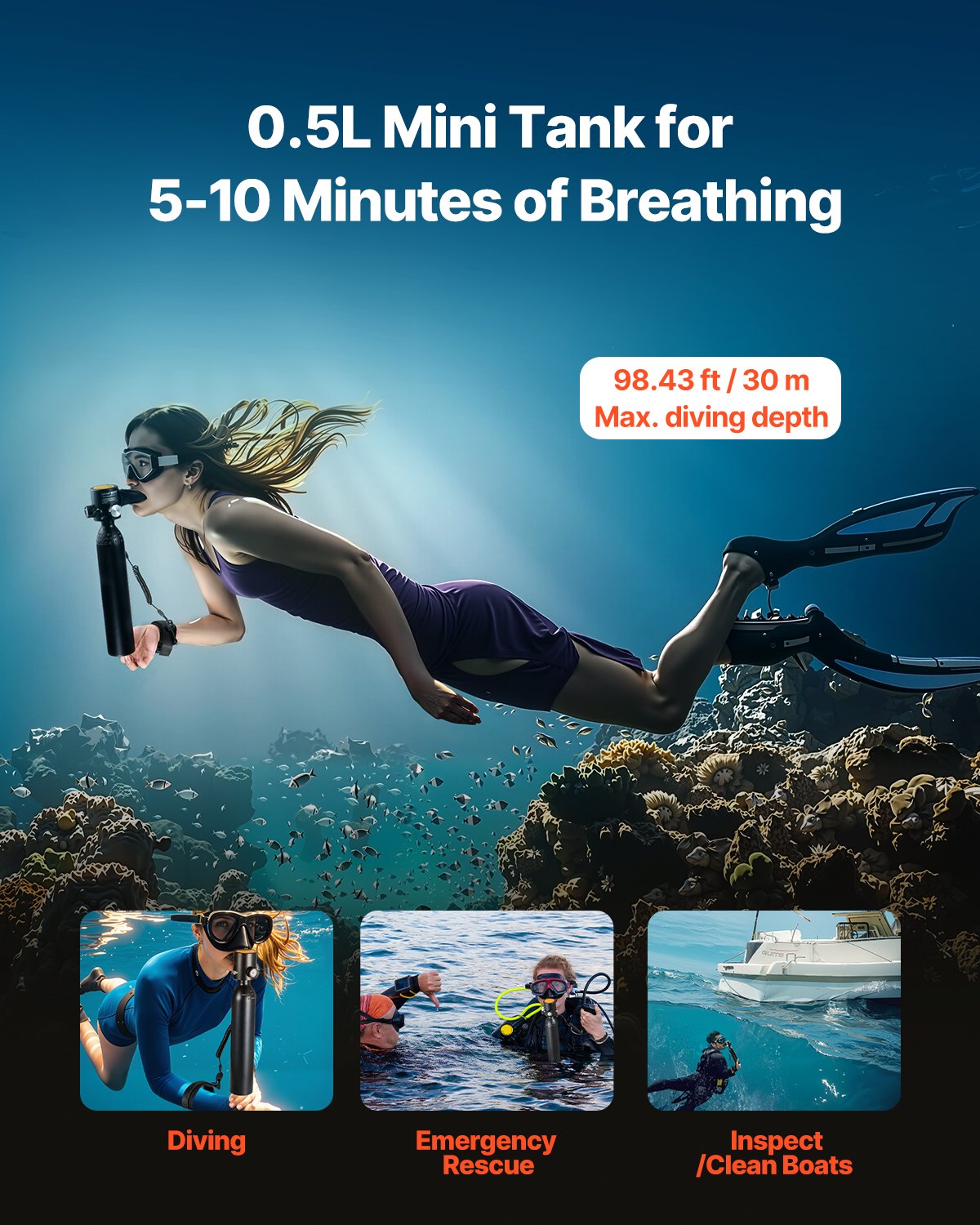 VEVOR Scuba Tank, 0.5L Portable Diving Tank, Diving Oxygen Cylinder with Pump Supports 5-10 Minutes Underwater Breathing, 98.43 ft Diving Depth, Refillable Snorkel Air Tank for Underwater Exploration