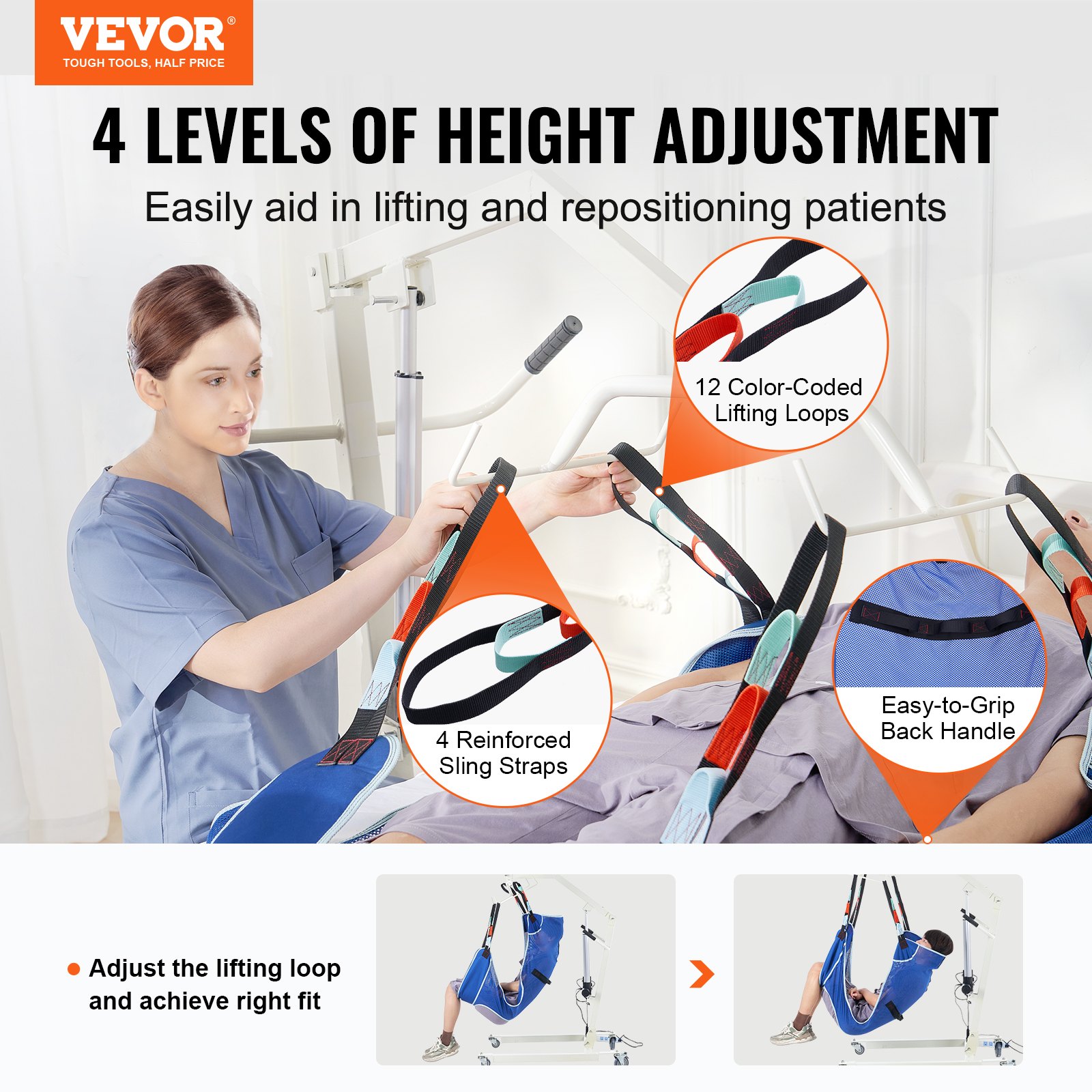 VEVOR Full Body Patient Lift Sling & Commode Opening, Patient Lift Medical Sling for Safe Bathing, Toileting, Polyester Patient Aid Commode Sling for Elderly Disabled Bedridden, 600LBS (Large Size)