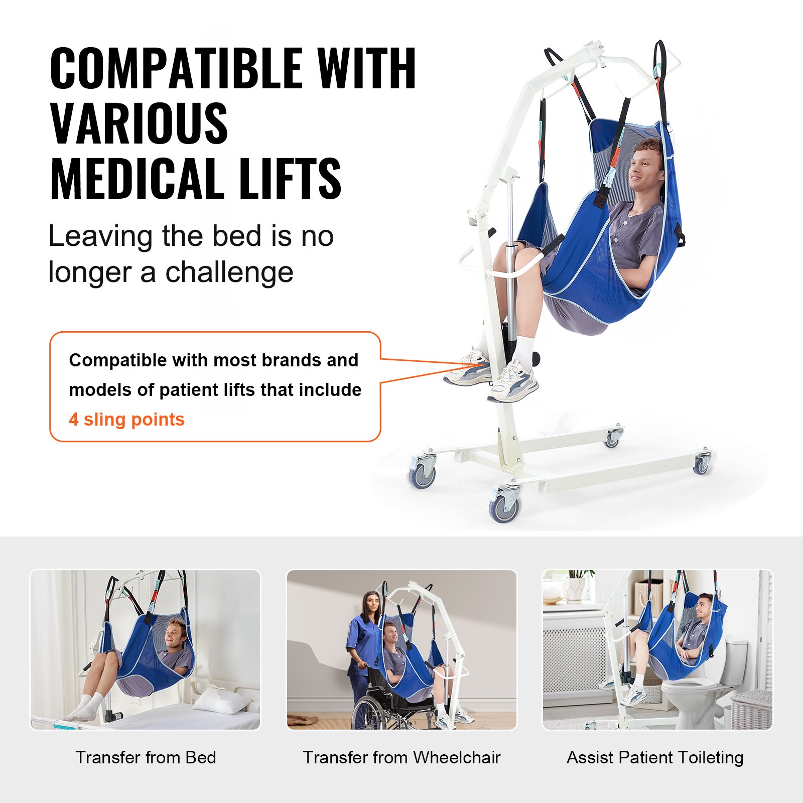 VEVOR Full Body Patient Lift Sling & Commode Opening, Patient Lift Medical Sling for Safe Bathing, Toileting, Polyester Patient Aid Commode Sling for Elderly Disabled Bedridden, 600LBS (Large Size)
