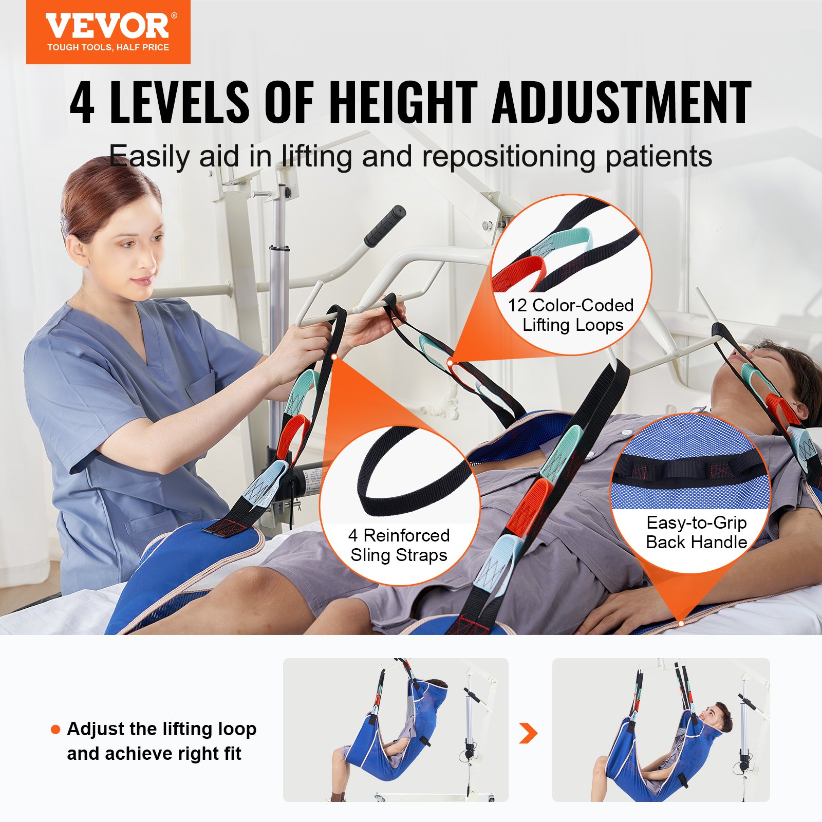 VEVOR Universal Full Body Patient Lift Sling - Medium, Patient Lift Medical Sling for Easy Transfer and Bathing, Polyester Patient Aid Transfer Sling for Elderly, Disabled, Bedridden, 500LBS Capacity