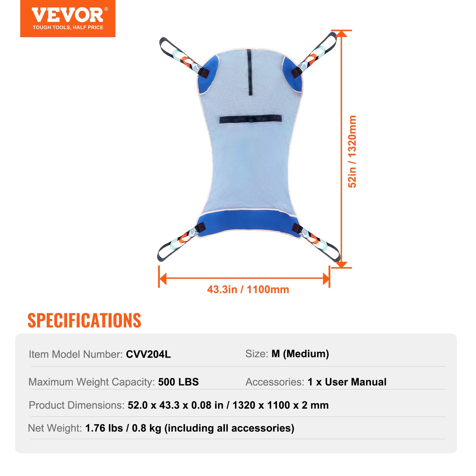 VEVOR Universal Full Body Patient Lift Sling - Medium, Patient Lift Medical Sling for Easy Transfer and Bathing, Polyester Patient Aid Transfer Sling for Elderly, Disabled, Bedridden, 500LBS Capacity