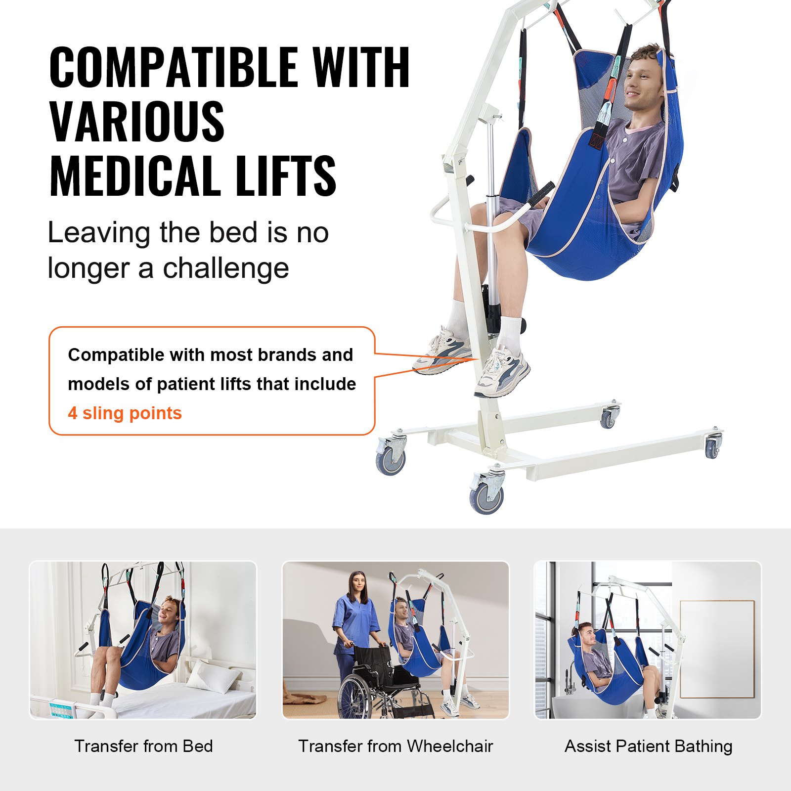 VEVOR Universal Full Body Patient Lift Sling - Medium, Patient Lift Medical Sling for Easy Transfer and Bathing, Polyester Patient Aid Transfer Sling for Elderly, Disabled, Bedridden, 500LBS Capacity