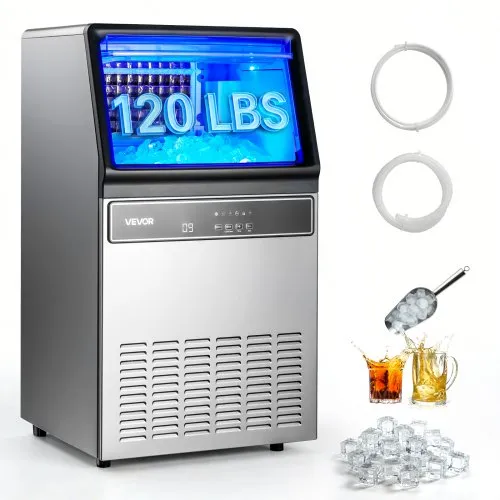 VEVOR Commercial Ice Maker Machine, 120Lbs/24H with 33Lbs Storage, 45 Cubes per Cycle, Stainless Steel Freestanding & Under Counter Ice Maker with LED Display & Self-Cleaning, for Home Bar Restaurant