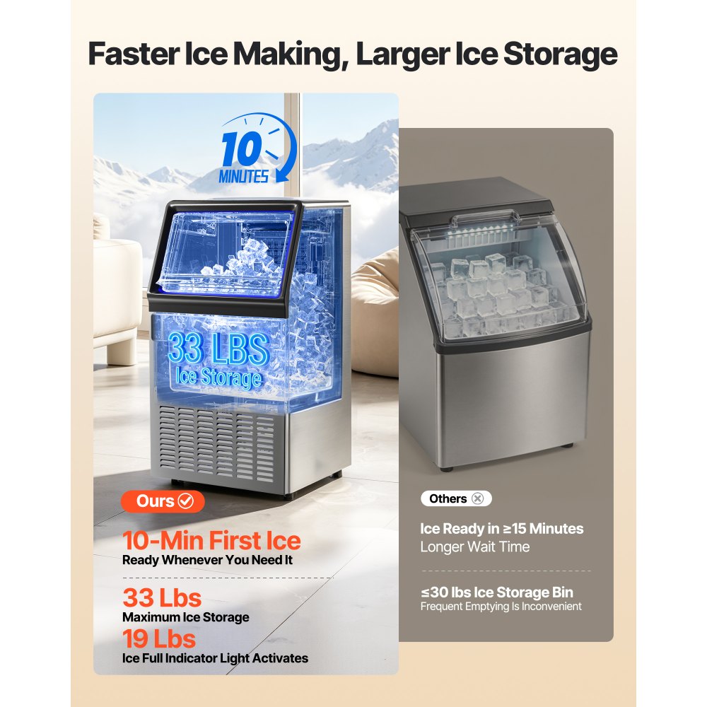 VEVOR Commercial Ice Maker Machine, 59kg/24H with 15kg Storage, 45 Cubes per Cycle, Stainless Steel Freestanding & Under Counter Ice Maker with LED Display & Self-Cleaning, for Home Bar Restaurant