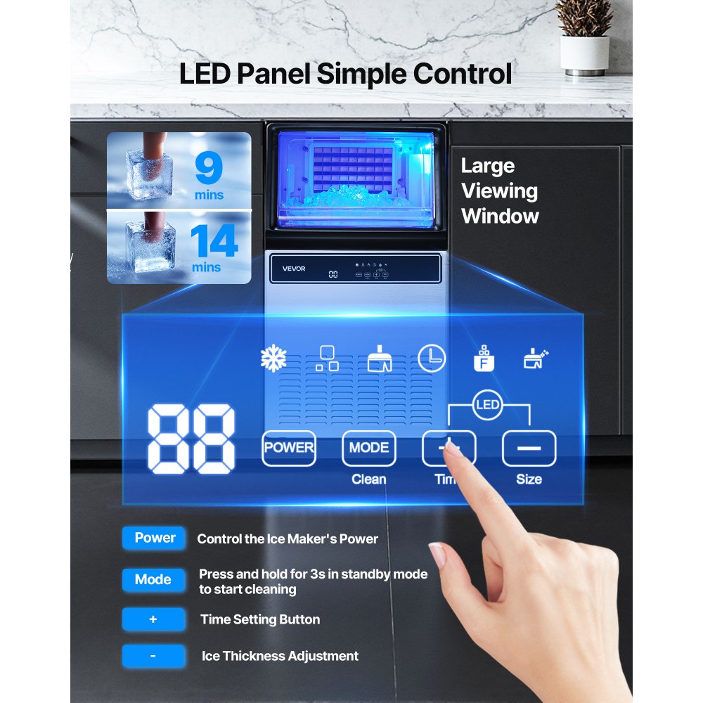 VEVOR Commercial Ice Maker Machine, 59kg/24H with 15kg Storage, 45 Cubes per Cycle, Stainless Steel Freestanding & Under Counter Ice Maker with LED Display & Self-Cleaning, for Home Bar Restaurant