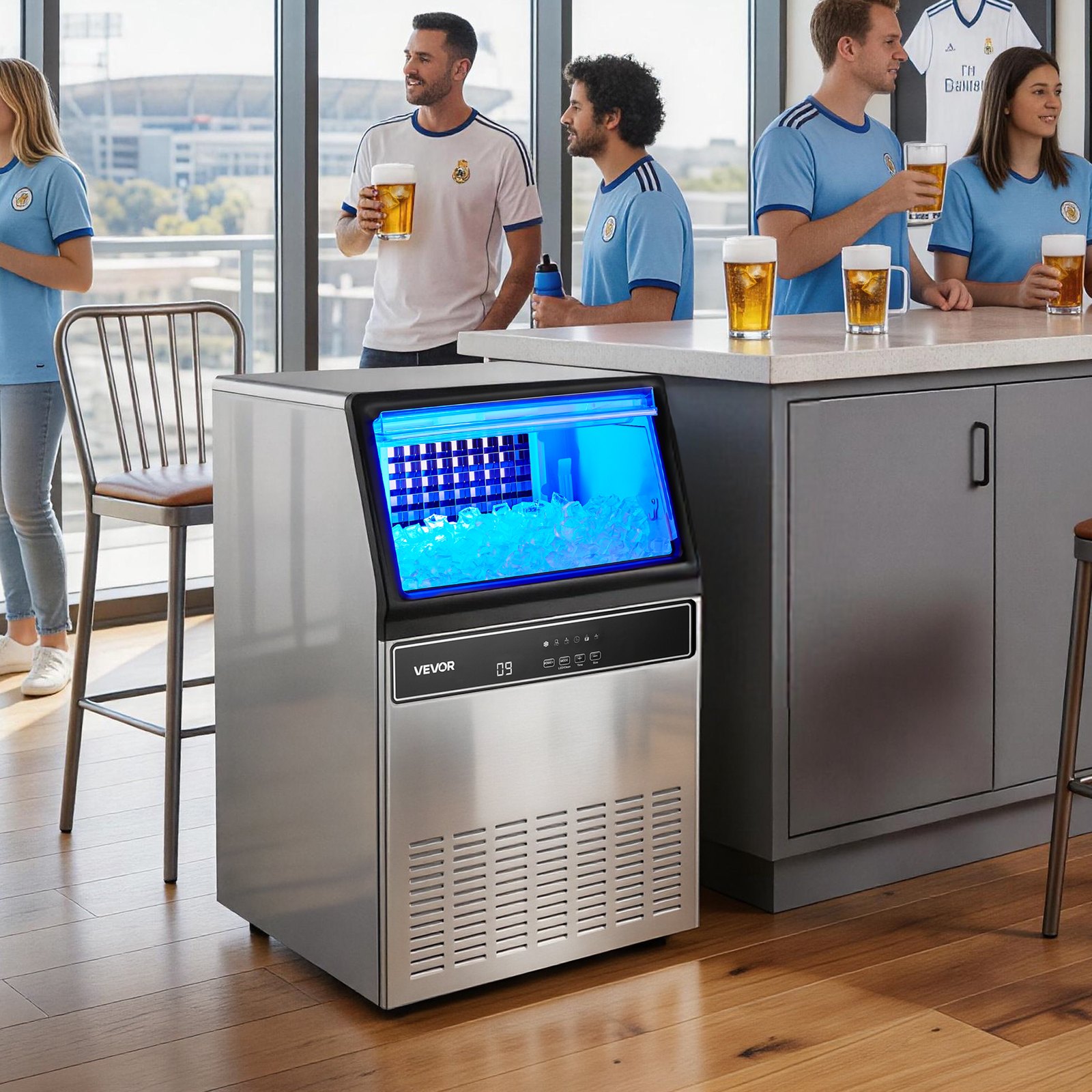 VEVOR Commercial Ice Maker Machine, 59kg/24H with 15kg Storage, 45 Cubes per Cycle, Stainless Steel Freestanding & Under Counter Ice Maker with LED Display & Self-Cleaning, for Home Bar Restaurant