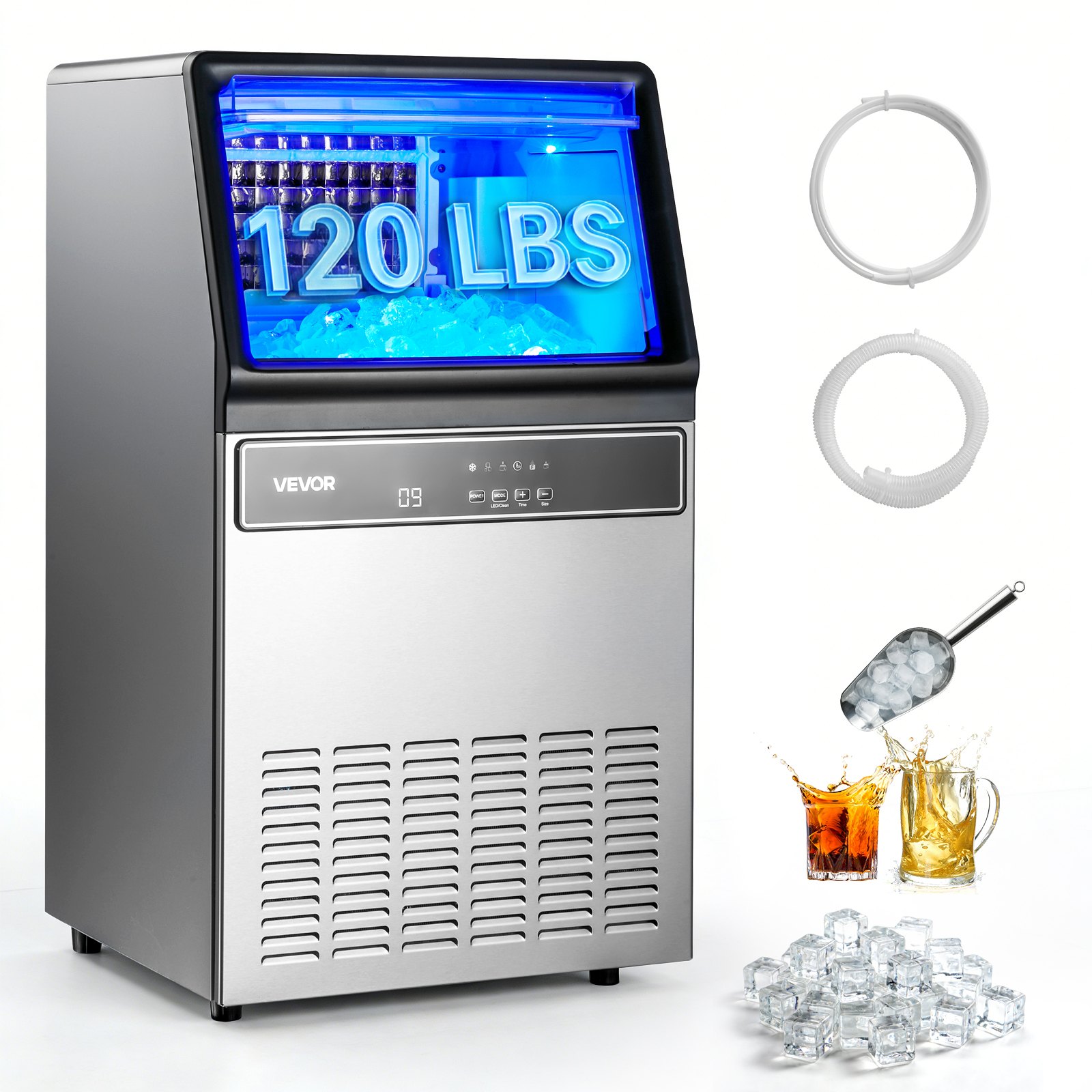 VEVOR Commercial Ice Maker Machine, 59kg/24H with 15kg Storage, 45 Cubes per Cycle, Stainless Steel Freestanding & Under Counter Ice Maker with LED Display & Self-Cleaning, for Home Bar Restaurant