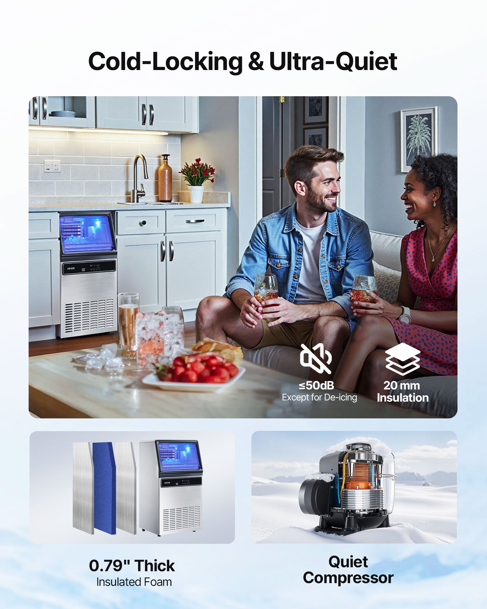 VEVOR Commercial Ice Maker Machine, 59kg/24H with 15kg Storage, 45 Cubes per Cycle, Stainless Steel Freestanding & Under Counter Ice Maker with LED Display & Self-Cleaning, for Home Bar Restaurant