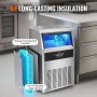 VEVOR commercial ice maker with 8h insulation, stainless steel shell, and blue lit ice storage.