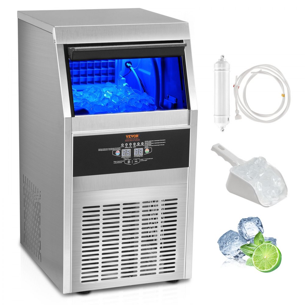 stainless steel VEVOR commercial ice maker with control panel, filter, scoop, and ice cubes with lime.