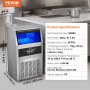 VEVOR commercial ice maker in stainless steel with specs including 45 ice tray pcs and 24 lbs storage.