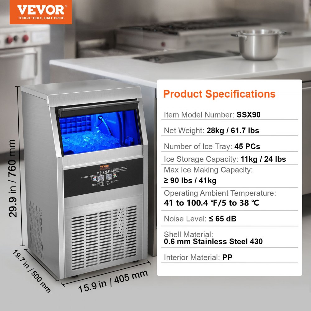 VEVOR Commercial Ice Maker, 90lbs/24H, Ice Maker Machine, 45 Ice Cubes in 12-15 Minutes, Freestanding Cabinet Ice Maker with 24lbs Storage Capacity LED Digital Display, for Bar Home Office Restaurant