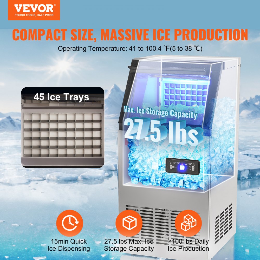 VEVOR Commercial Ice Maker Freestanding Cabinet Machine 45.4 kg/24H 45 Ice Cubes