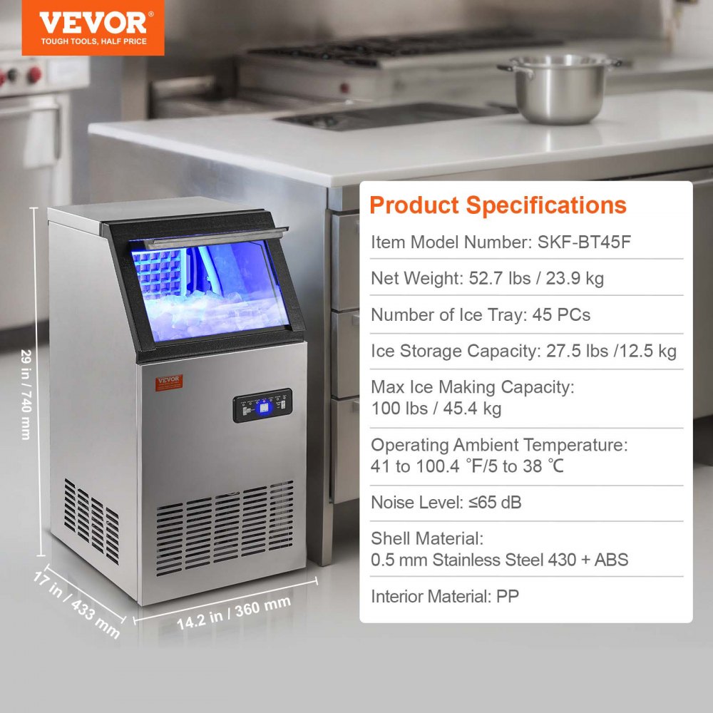 VEVOR Commercial Ice Maker Freestanding Cabinet Machine 45.4 kg/24H 45 Ice Cubes